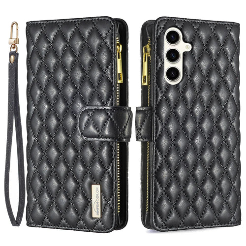 BINFEN COLOR for Samsung Galaxy S25 FE BF Style-15 Leather Case Zipper Pocket Rhombus Phone Cover - Black - 1
