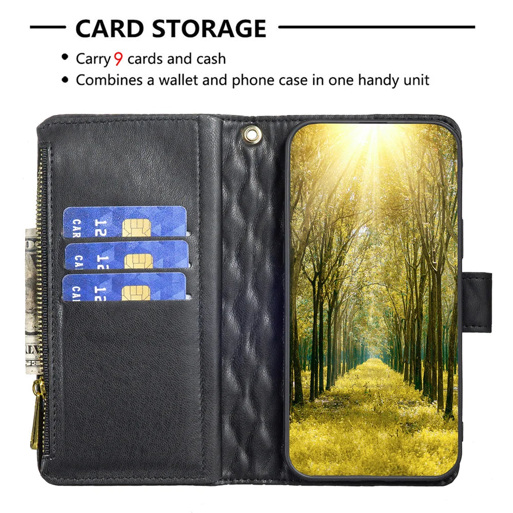 BINFEN COLOR for Samsung Galaxy S25 FE BF Style-15 Leather Case Zipper Pocket Rhombus Phone Cover - Black - 3