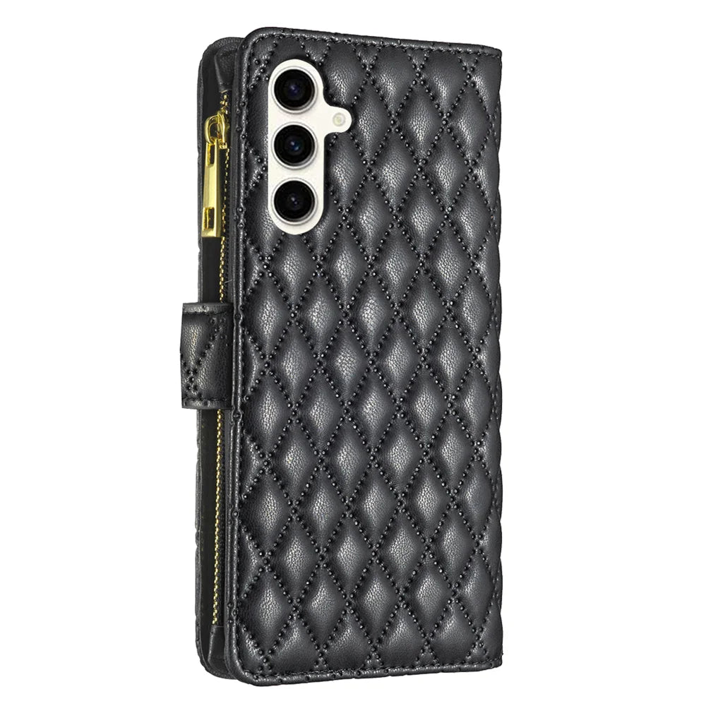 BINFEN COLOR for Samsung Galaxy S25 FE BF Style-15 Leather Case Zipper Pocket Rhombus Phone Cover - Black - 7