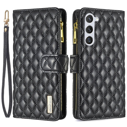 BINFEN COLOR for Samsung Galaxy S26 BF Style-15 Leather Case Zipper Pocket Rhombus Phone Cover - Black - 1