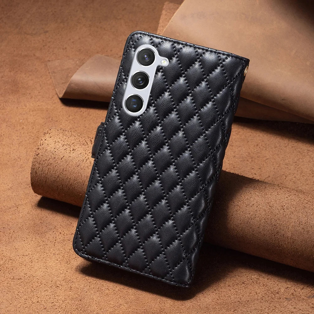 BINFEN COLOR for Samsung Galaxy S26+ BF Style-15 Leather Case Zipper Pocket Rhombus Phone Cover - Black - 7
