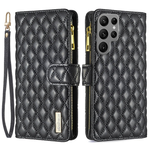 BINFEN COLOR for Samsung Galaxy S26 Ultra BF Style-15 Leather Case Zipper Pocket Rhombus Phone Cover - Black - 1