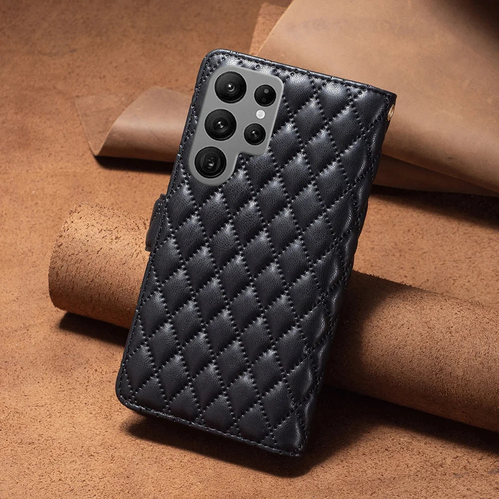 BINFEN COLOR for Samsung Galaxy S26 Ultra BF Style-15 Leather Case Zipper Pocket Rhombus Phone Cover - Black - 7