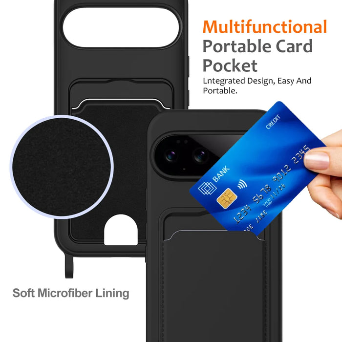 For Google Pixel 11 Pro Case Liquid Silicone Card Holder Back Phone Cover with Lanyard - Black - 5