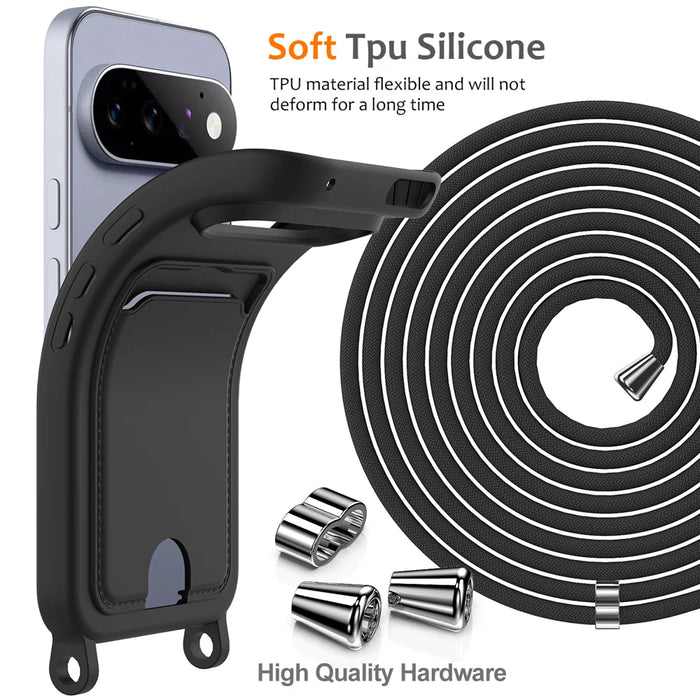 For Google Pixel 11 Pro Case Liquid Silicone Card Holder Back Phone Cover with Lanyard - Black - 7