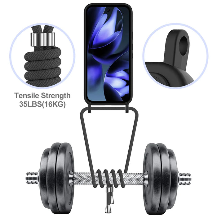 For Google Pixel 11 Case Liquid Silicone Card Holder Back Phone Cover with Lanyard - Black - 4