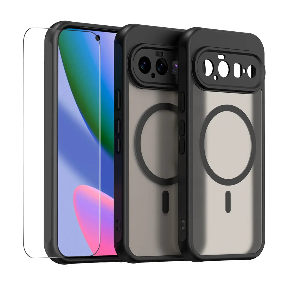 HAT PRINCE for Google Pixel 11 Pro XL ENKAY  Magnetic Case with Tempered Glass Support Ultrasonic Unlocking PC TPU Matte Phone Cover - Black - 1