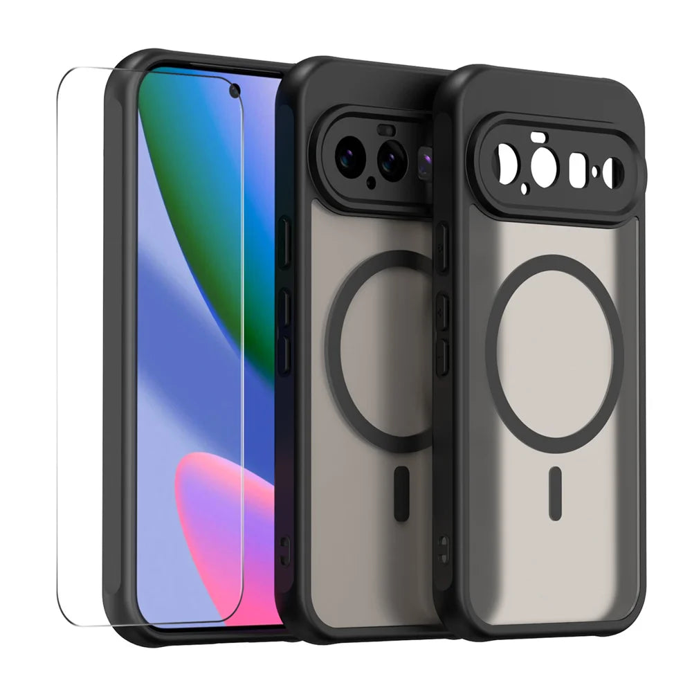 HAT PRINCE for Google Pixel 11 ENKAY  Magnetic Case with Tempered Glass Support Ultrasonic Unlocking PC TPU Matte Phone Cover - Black - 1