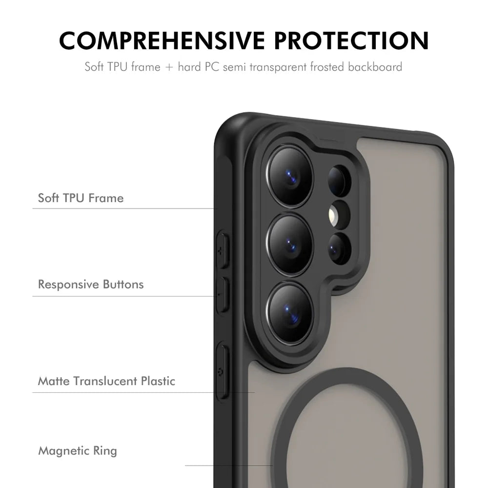 HAT PRINCE for Samsung Galaxy S26 Ultra ENKAY  Magnetic Case with Tempered Glass Support Ultrasonic Unlocking PC TPU Matte Phone Cover - Black - 3