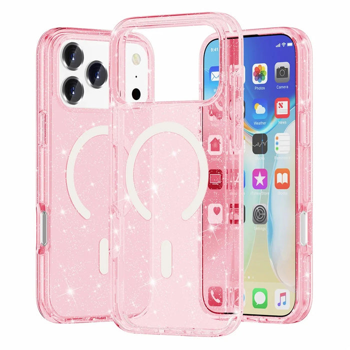 For iPhone 18 Pro Max / 17 Pro Max Magnetic Case Glitter Powder PC + TPU Phone Cover - Pink - 1