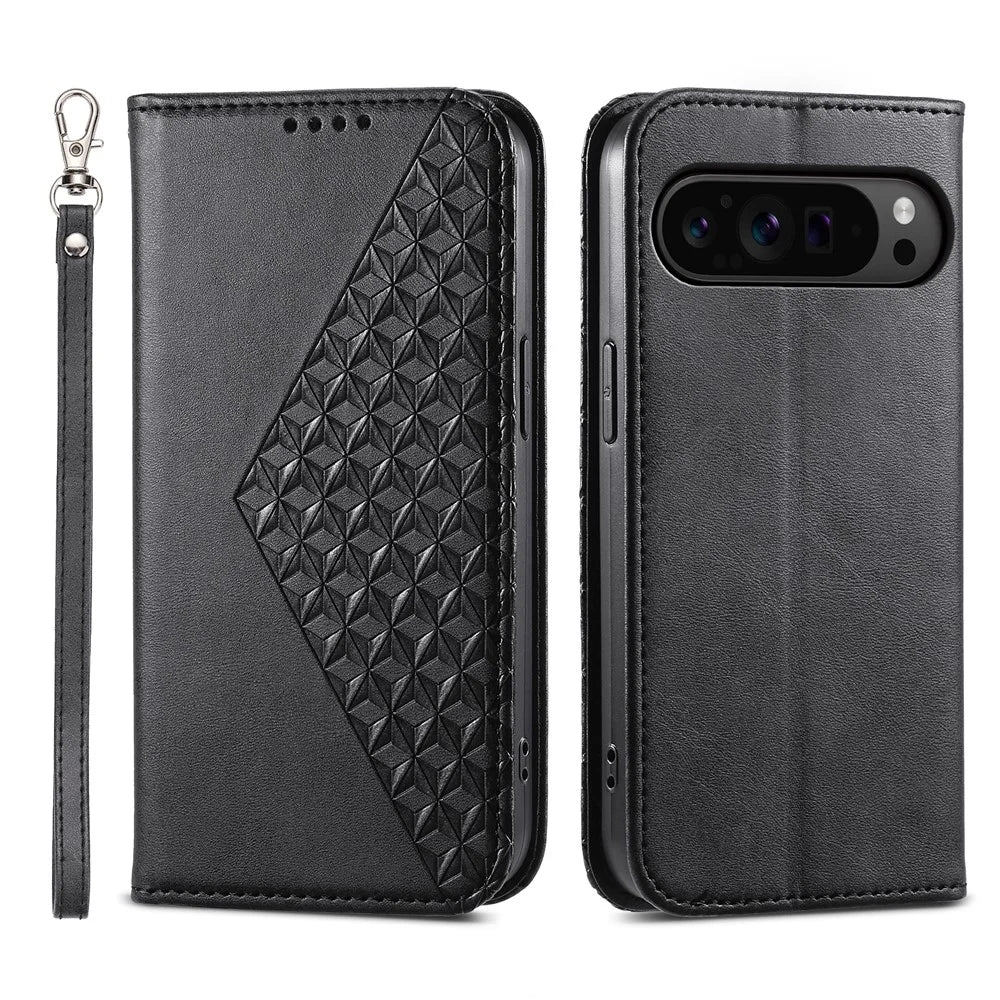 For Google Pixel 11 / Pixel 11 Pro Case Calf Texture PU Leather Wallet Phone Cover with Wrist Strap - Black - 1