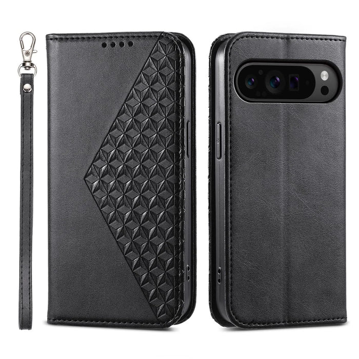 For Google Pixel 11 / Pixel 11 Pro Case Calf Texture PU Leather Wallet Phone Cover with Wrist Strap - Black - 1