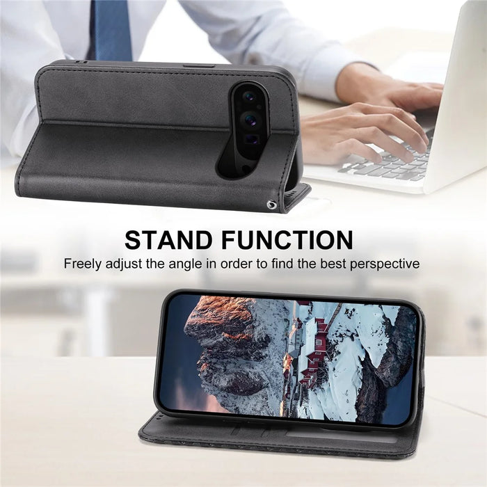 For Google Pixel 11 / Pixel 11 Pro Case Calf Texture PU Leather Wallet Phone Cover with Wrist Strap - Black - 4