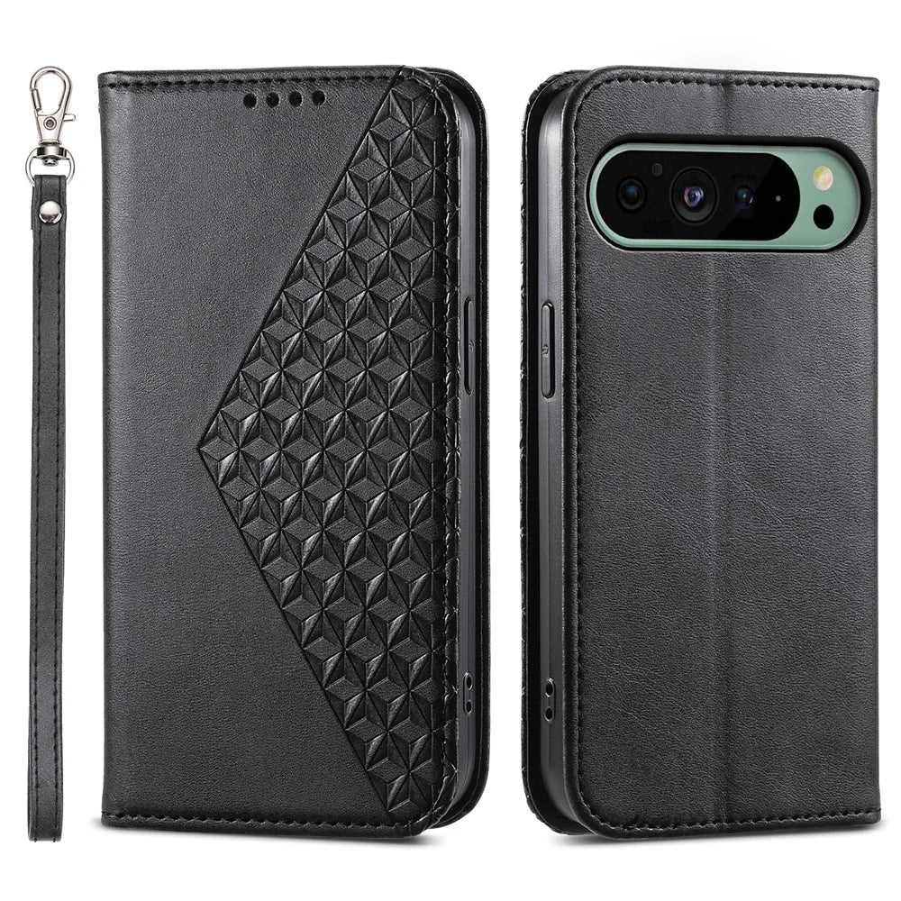 For Google Pixel 11 Pro XL Case Calf Texture PU Leather Wallet Phone Cover with Wrist Strap - Black - 1