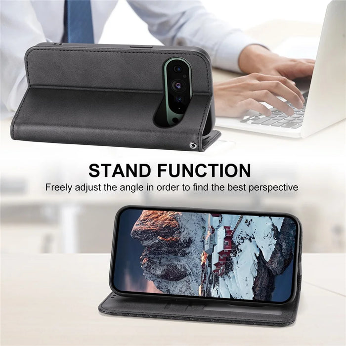 For Google Pixel 11 Pro XL Case Calf Texture PU Leather Wallet Phone Cover with Wrist Strap - Black - 4