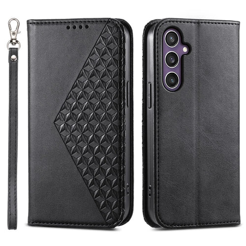 For Samsung Galaxy S26 FE Case Calf Texture PU Leather Wallet Phone Cover with Wrist Strap - Black - 1