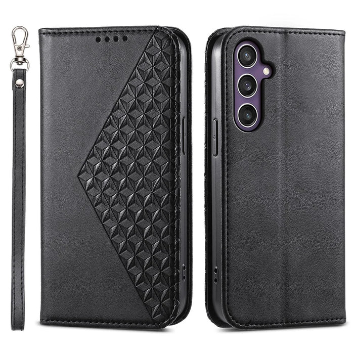 For Samsung Galaxy S26 FE Case Calf Texture PU Leather Wallet Phone Cover with Wrist Strap - Black - 1