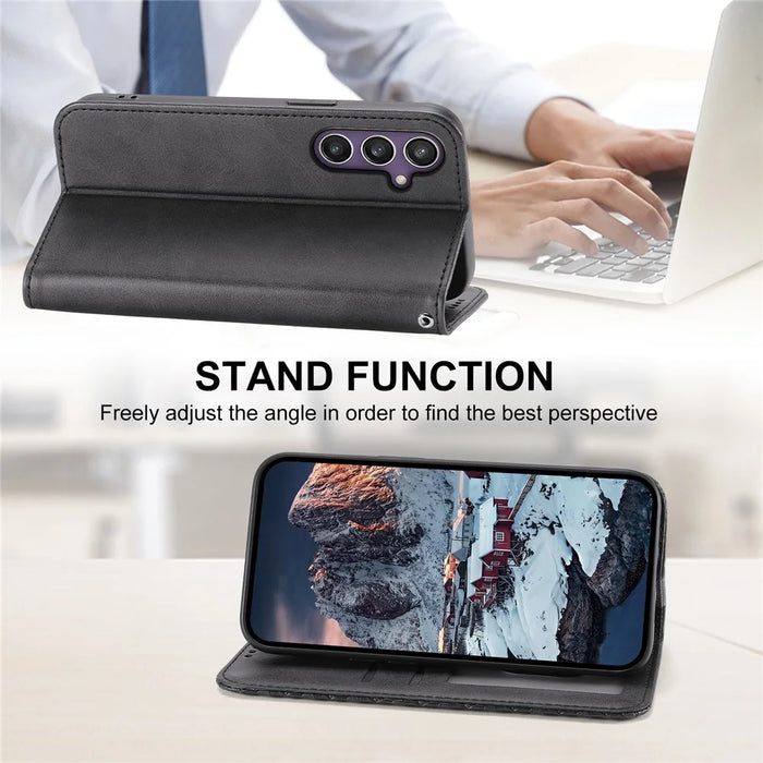 For Samsung Galaxy S26 FE Case Calf Texture PU Leather Wallet Phone Cover with Wrist Strap - Black - 4