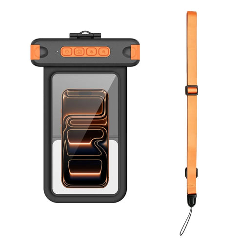 For iPhone 17 Waterproof Phone Pouch IPX8 Underwater Case Bluetooth-compatible Camera Button Floating Dry Bag - Black / Orange - 1