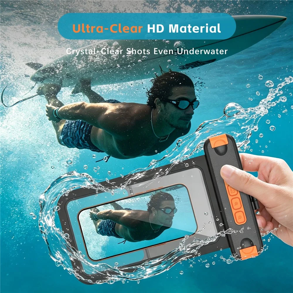For iPhone 17 Waterproof Phone Pouch IPX8 Underwater Case Bluetooth-compatible Camera Button Floating Dry Bag - Black / Orange - 2