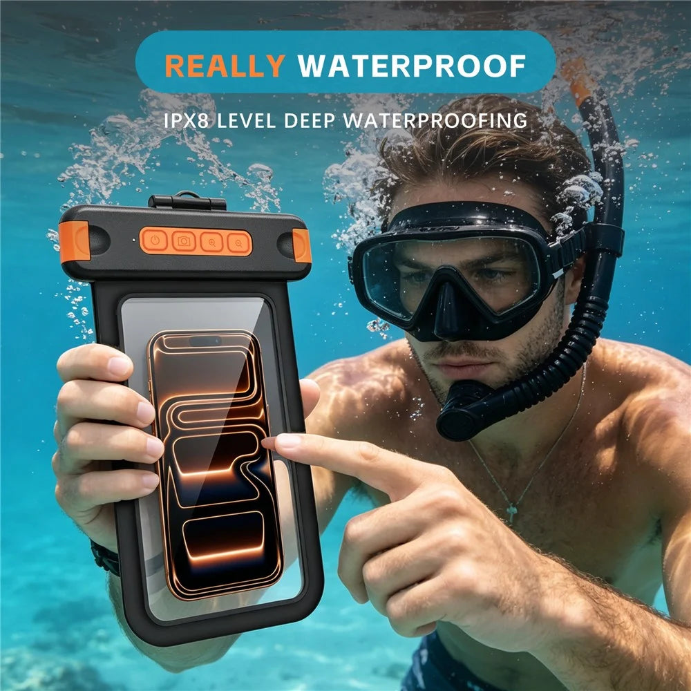 For iPhone 17 Waterproof Phone Pouch IPX8 Underwater Case Bluetooth-compatible Camera Button Floating Dry Bag - Black / Orange - 4