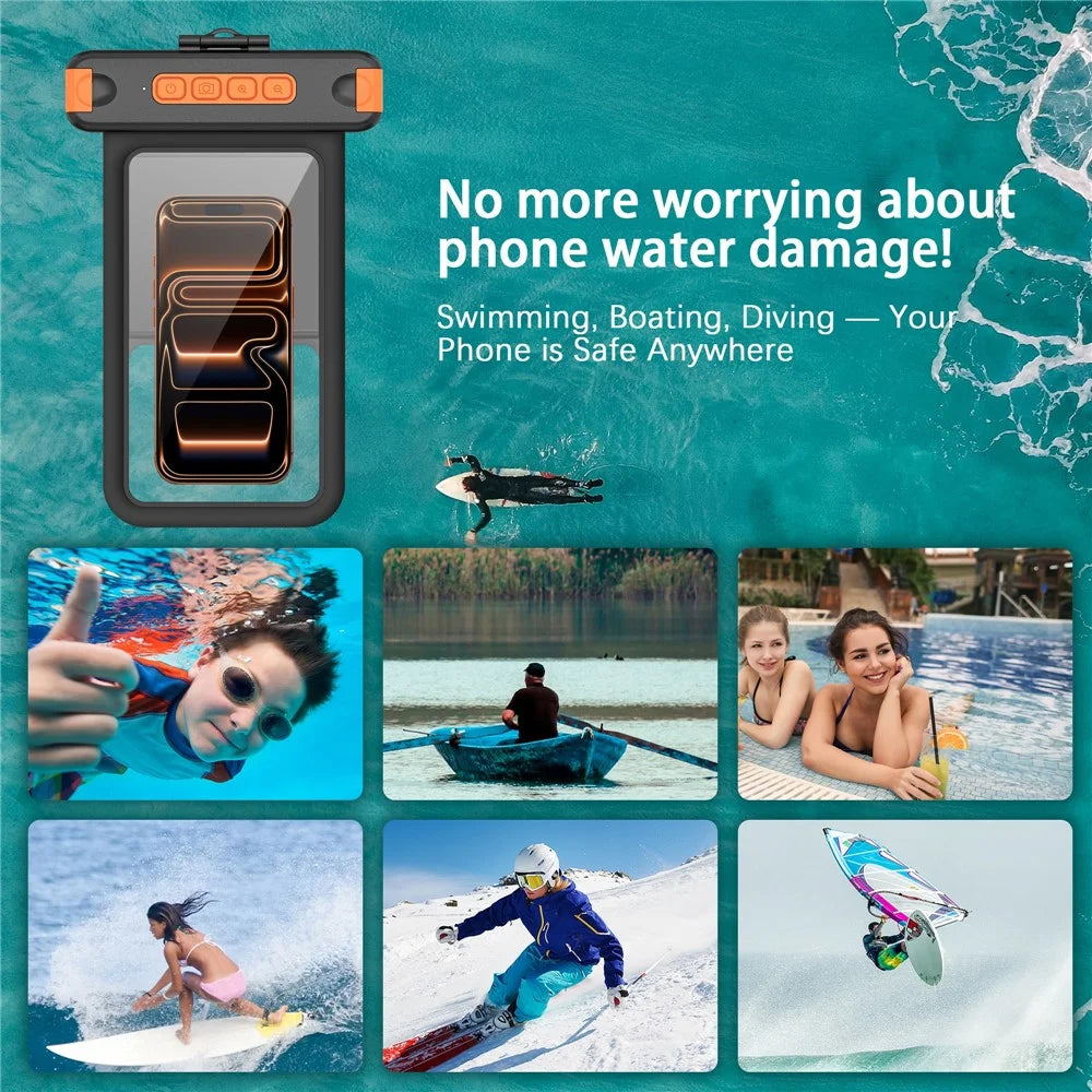 For iPhone 17 Waterproof Phone Pouch IPX8 Underwater Case Bluetooth-compatible Camera Button Floating Dry Bag - Black / Orange - 5