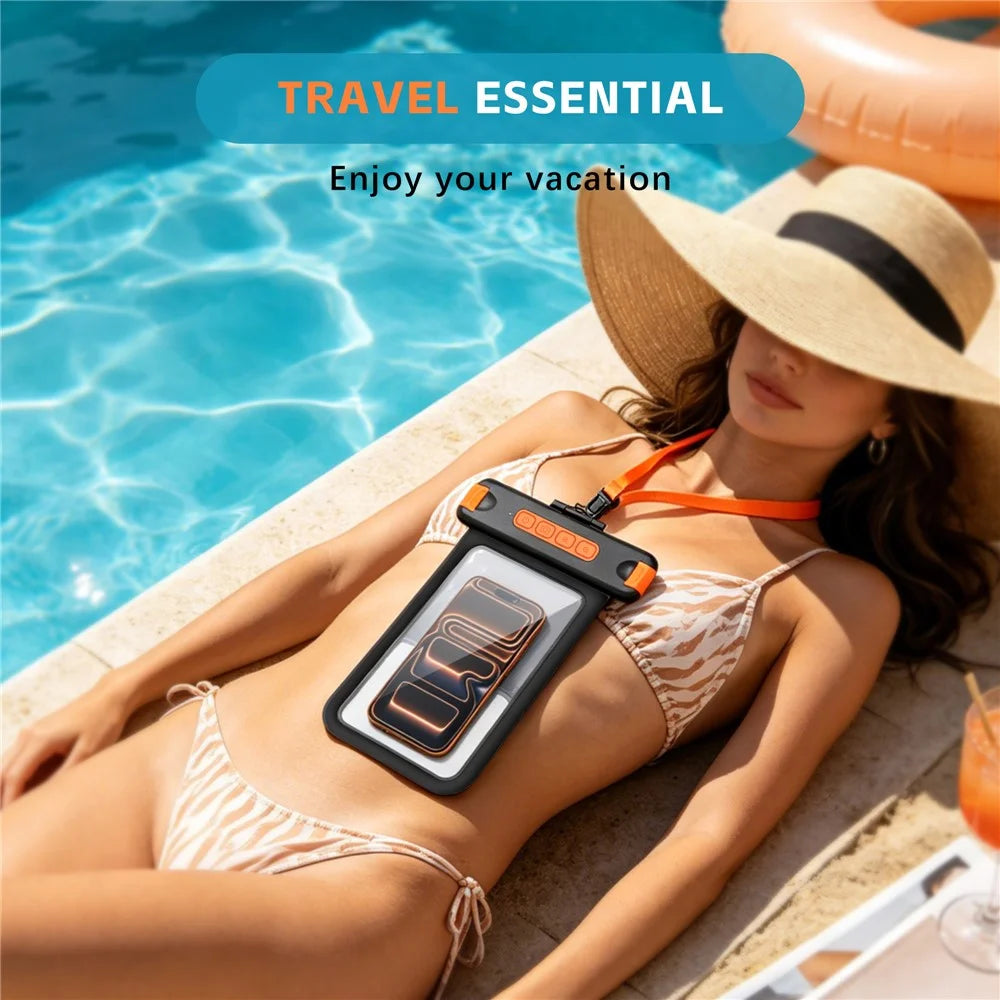 For iPhone 17 Waterproof Phone Pouch IPX8 Underwater Case Bluetooth-compatible Camera Button Floating Dry Bag - Black / Orange - 7