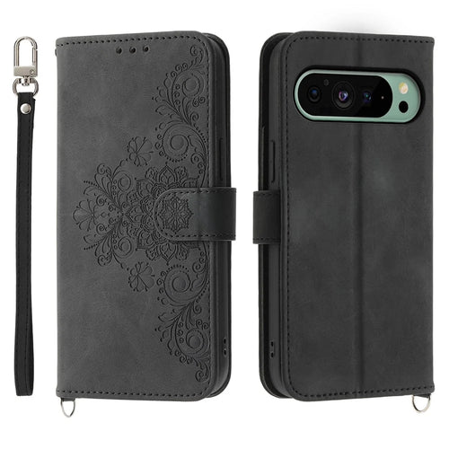 For Google Pixel 11 / Pixel 11 Pro Wallet Case Flower Pattern PU Leather Phone Cover with Strap - Black - 1