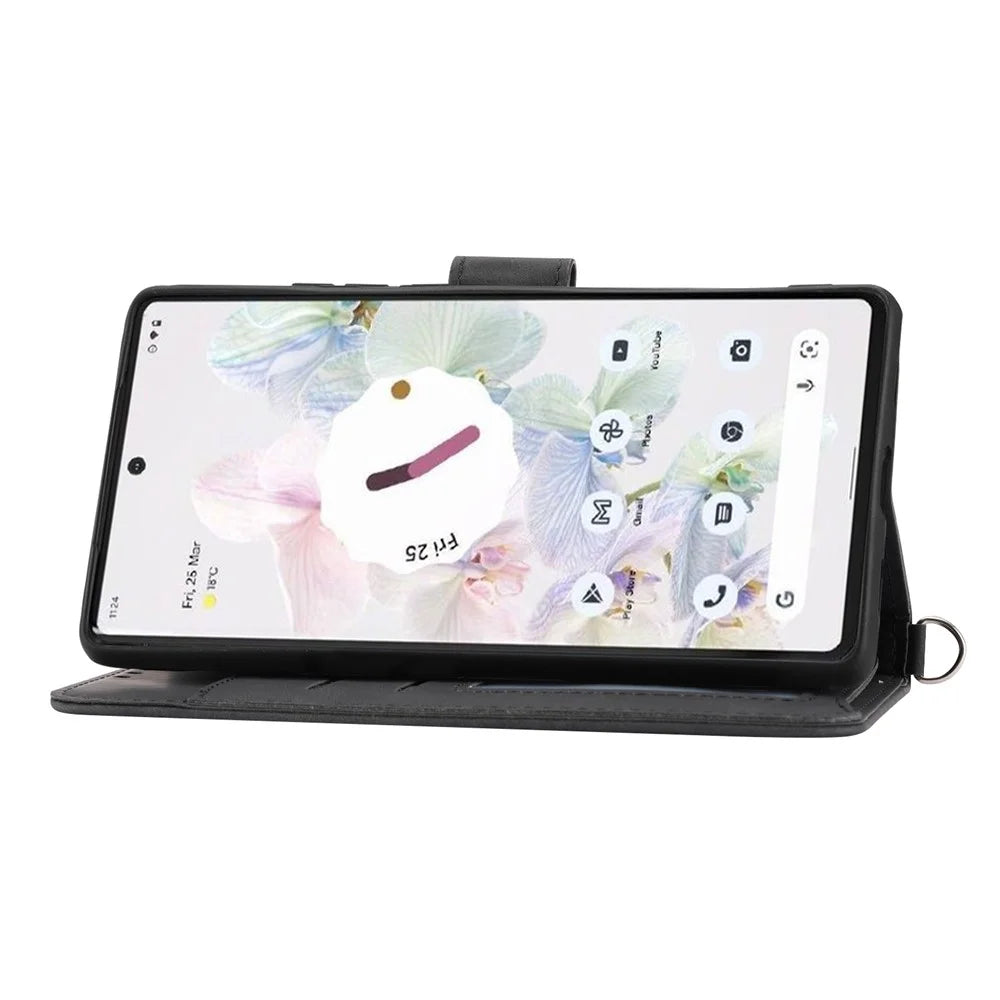 For Google Pixel 11 / Pixel 11 Pro Wallet Case Flower Pattern PU Leather Phone Cover with Strap - Black - 3