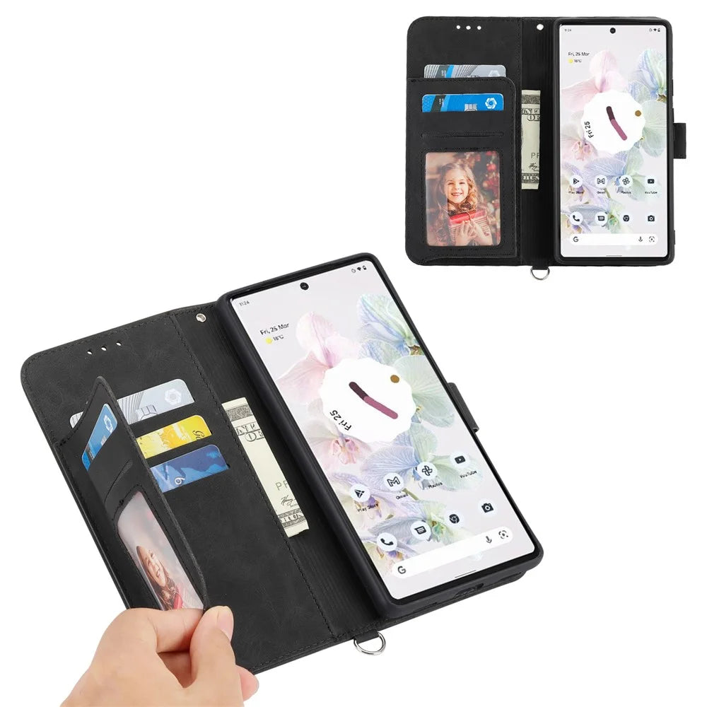 For Google Pixel 11 / Pixel 11 Pro Wallet Case Flower Pattern PU Leather Phone Cover with Strap - Black - 4