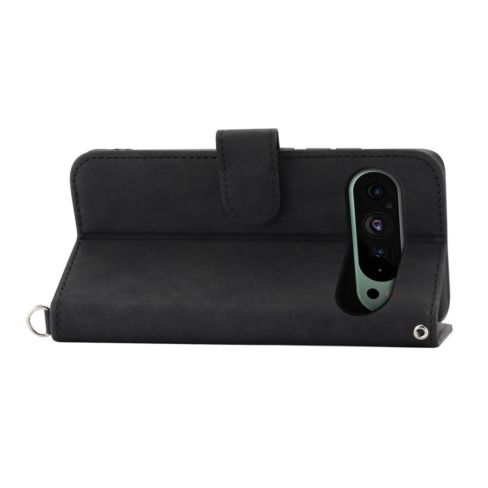 For Google Pixel 11 / Pixel 11 Pro Wallet Case Flower Pattern PU Leather Phone Cover with Strap - Black - 6