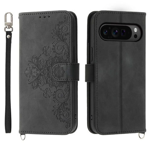 For Google Pixel 11 Pro XL Wallet Case Flower Pattern PU Leather Phone Cover with Strap - Black - 1