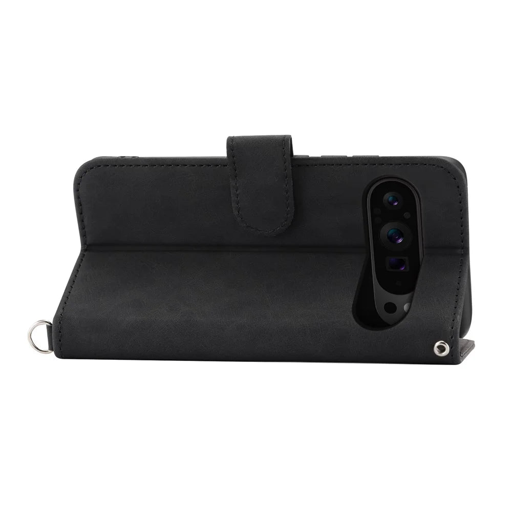 For Google Pixel 11 Pro XL Wallet Case Flower Pattern PU Leather Phone Cover with Strap - Black - 3