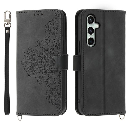 For Samsung Galaxy S26 FE Wallet Case Flower Pattern PU Leather Phone Cover with Strap - Black - 1