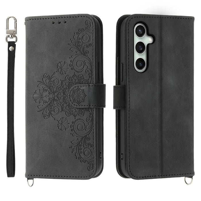For Samsung Galaxy S26 FE Wallet Case Flower Pattern PU Leather Phone Cover with Strap - Black - 1