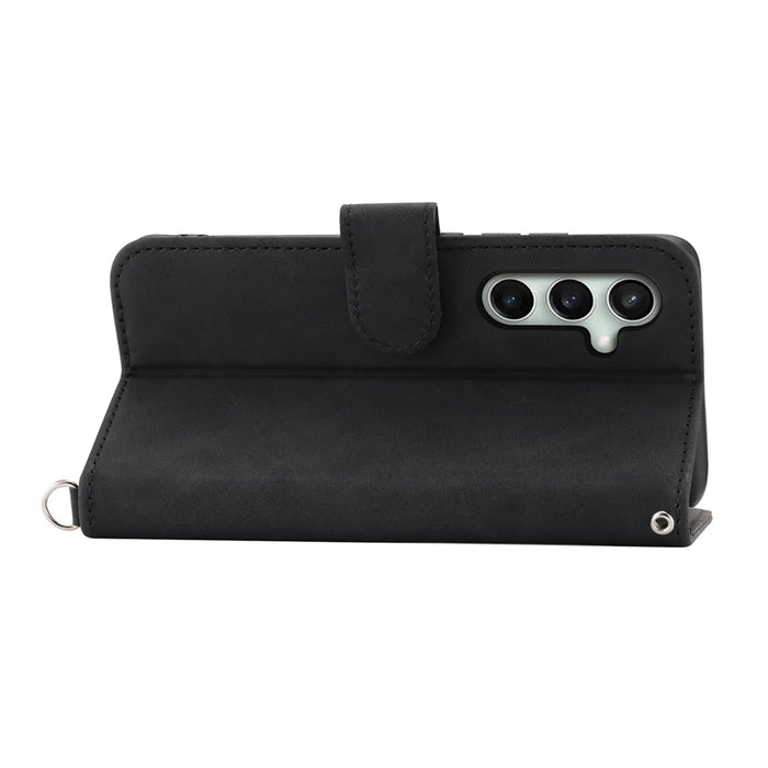 For Samsung Galaxy S26 FE Wallet Case Flower Pattern PU Leather Phone Cover with Strap - Black - 3