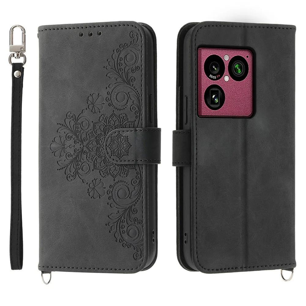 For Sony Xperia 1 VIII Wallet Case Flower Pattern PU Leather Phone Cover with Strap - Black - 1