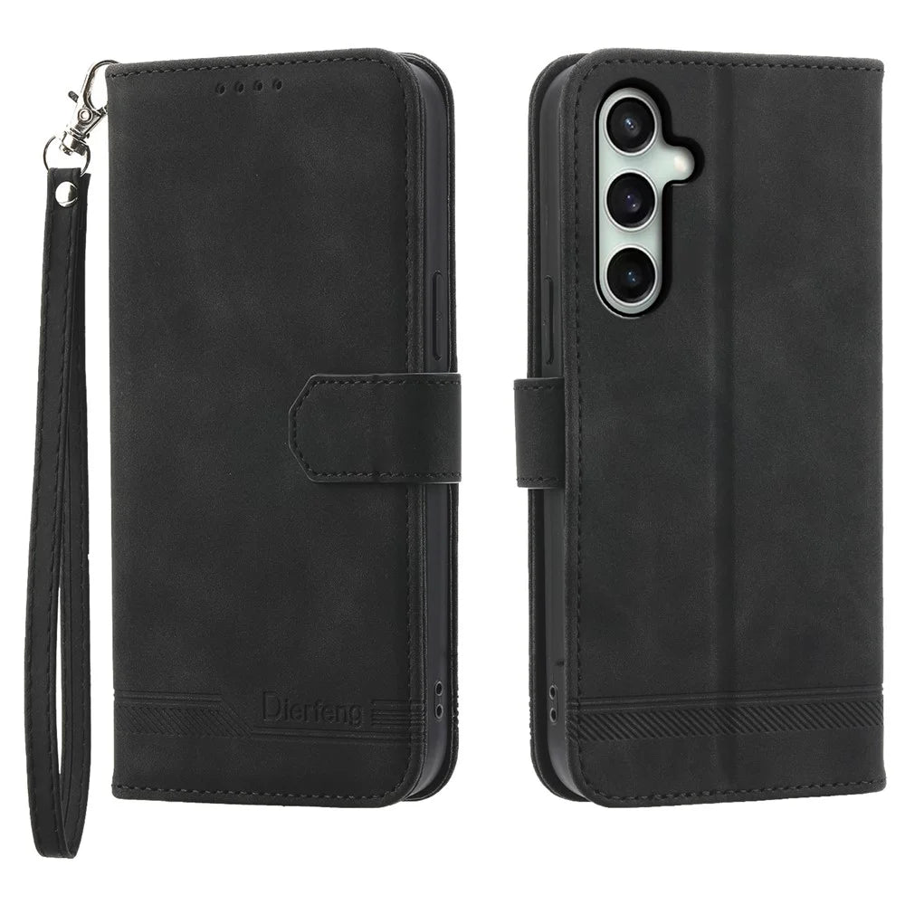 DIERFENG DF-03 For Samsung Galaxy S26 FE Leather Case Lines Imprint Wallet Phone Cover with Wrist Strap - Black - 1
