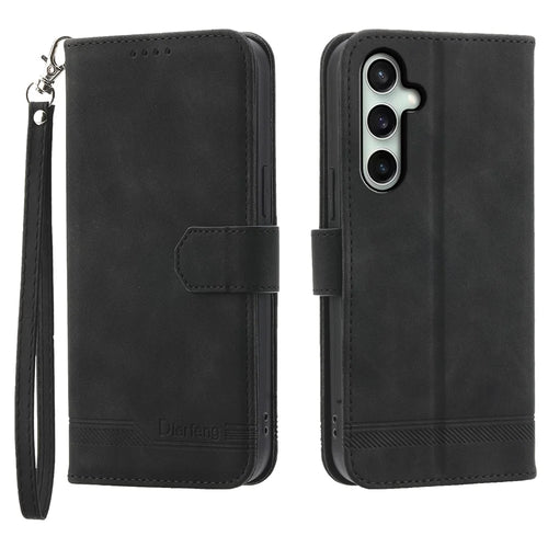 DIERFENG DF-03 For Samsung Galaxy S26 FE Leather Case Lines Imprint Wallet Phone Cover with Wrist Strap - Black - 1