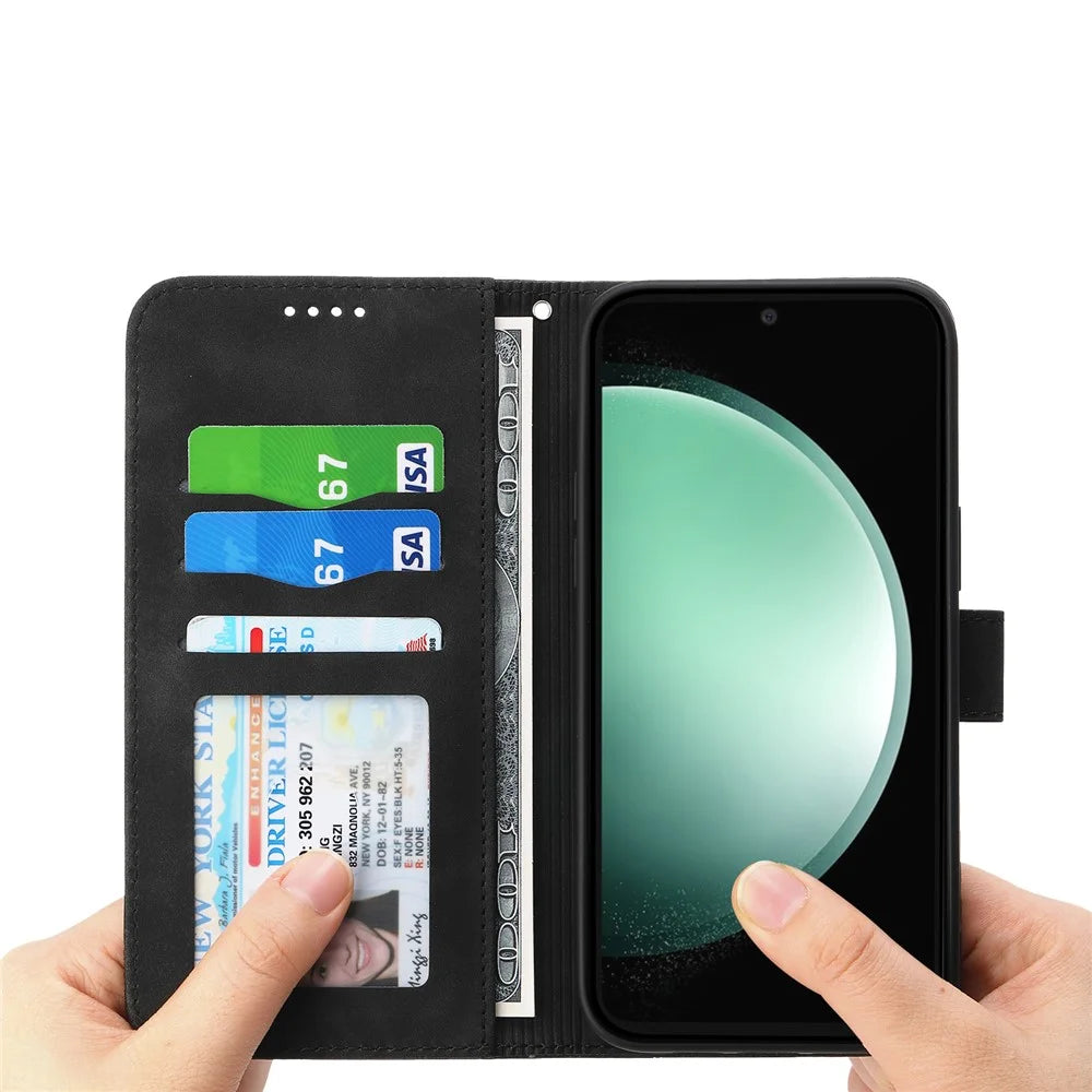 DIERFENG DF-03 For Samsung Galaxy S26 FE Leather Case Lines Imprint Wallet Phone Cover with Wrist Strap - Black - 2