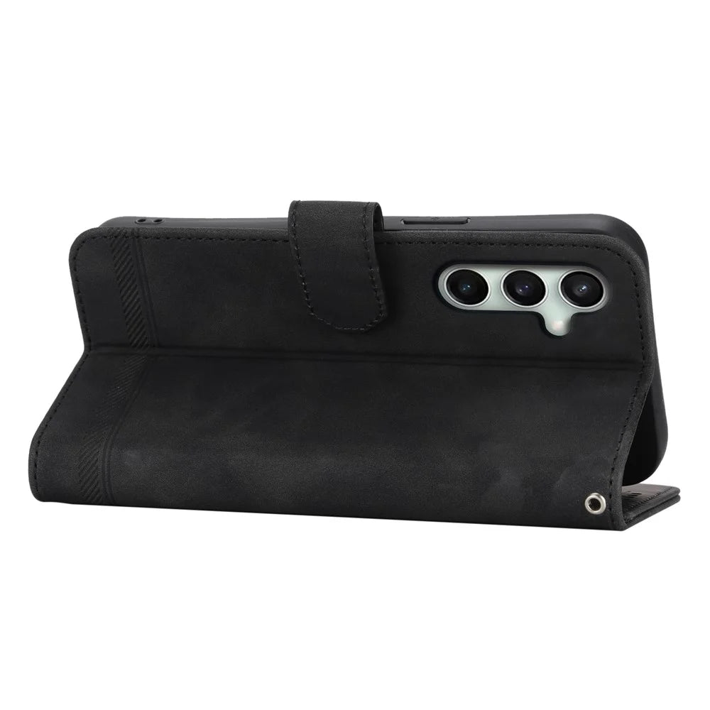 DIERFENG DF-03 For Samsung Galaxy S26 FE Leather Case Lines Imprint Wallet Phone Cover with Wrist Strap - Black - 3