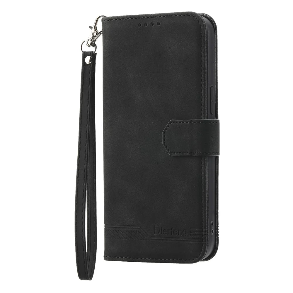 DIERFENG DF-03 For Samsung Galaxy S26 FE Leather Case Lines Imprint Wallet Phone Cover with Wrist Strap - Black - 7