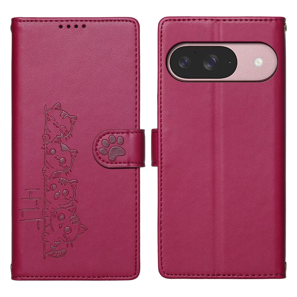 For Google Pixel 11 / Pixel 11 Pro Case Adorable Cat Pattern PU Leather Wallet Phone Cover with Wrist Strap - Rose - 1