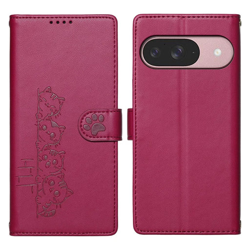For Google Pixel 11 / Pixel 11 Pro Case Adorable Cat Pattern PU Leather Wallet Phone Cover with Wrist Strap - Rose - 1