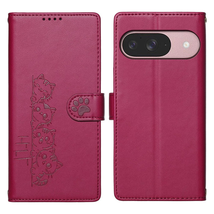 For Google Pixel 11 / Pixel 11 Pro Case Adorable Cat Pattern PU Leather Wallet Phone Cover with Wrist Strap - Rose - 1