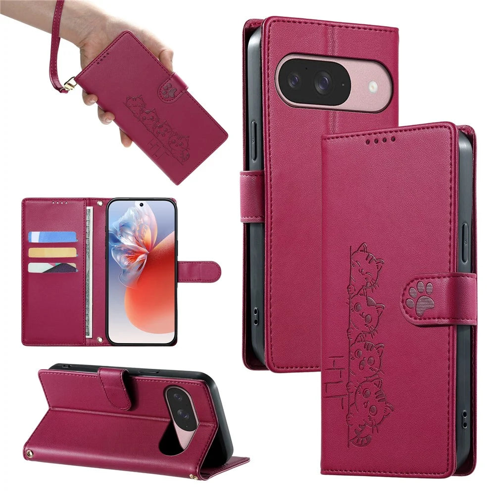 For Google Pixel 11 / Pixel 11 Pro Case Adorable Cat Pattern PU Leather Wallet Phone Cover with Wrist Strap - Rose - 5