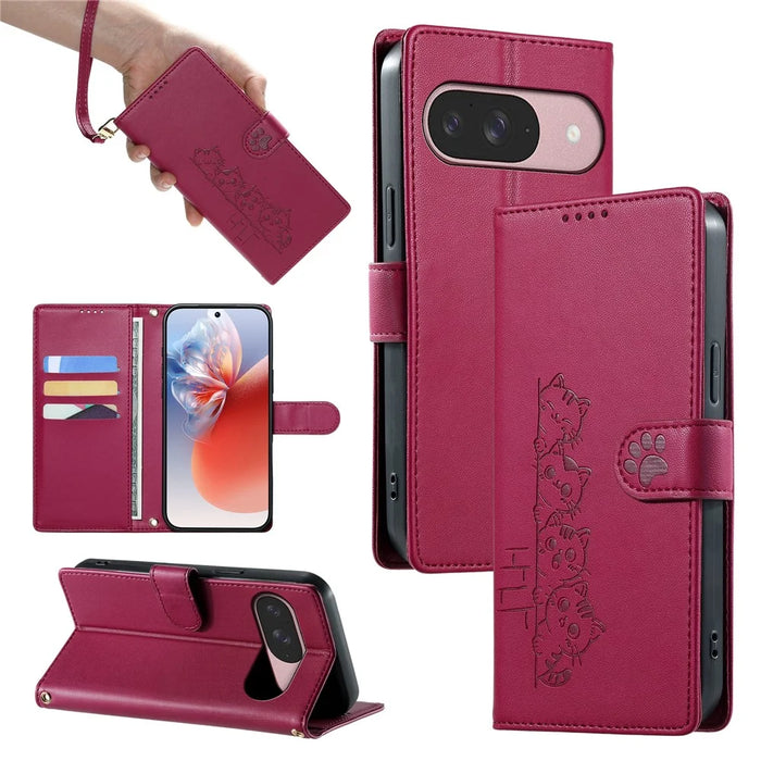 For Google Pixel 11 / Pixel 11 Pro Case Adorable Cat Pattern PU Leather Wallet Phone Cover with Wrist Strap - Rose - 5