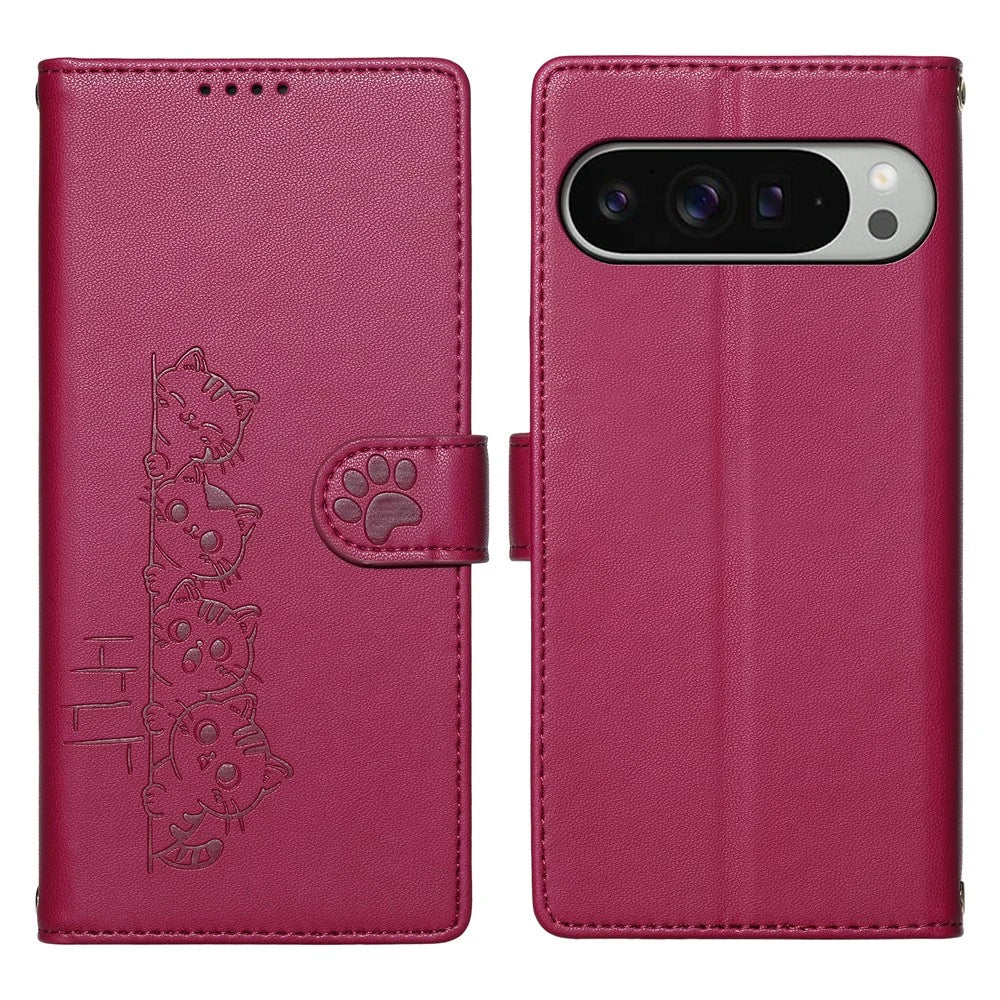 For Google Pixel 11 Pro XL Case Adorable Cat Pattern PU Leather Wallet Phone Cover with Wrist Strap - Rose - 1
