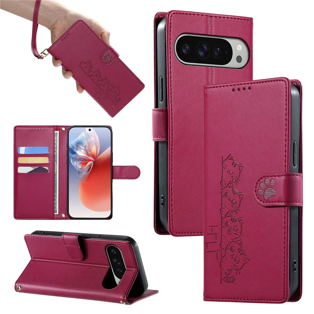 For Google Pixel 11 Pro XL Case Adorable Cat Pattern PU Leather Wallet Phone Cover with Wrist Strap - Rose - 5