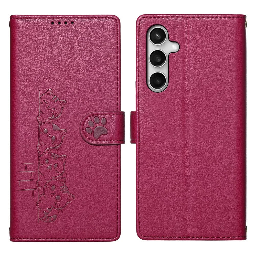 For Samsung Galaxy S26 FE Case Adorable Cat Pattern PU Leather Wallet Phone Cover with Wrist Strap - Rose - 1